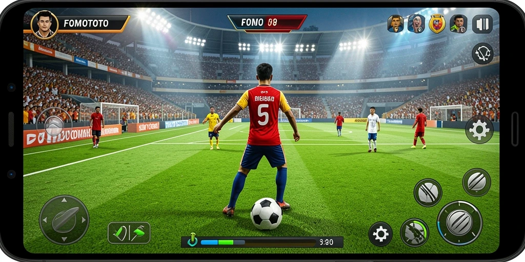 Screenshot gameplay FOMOTOTO menampilkan aksi seru di lapangan sepak bola.