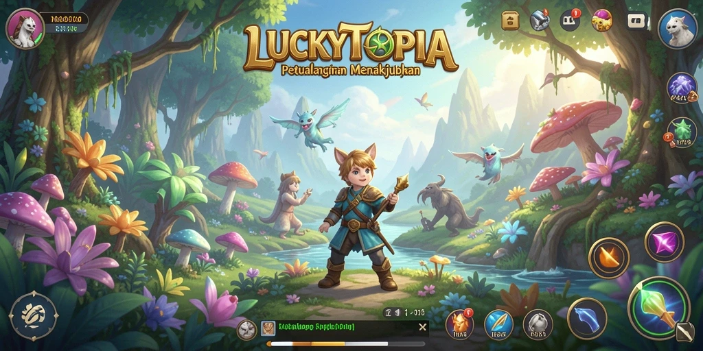 Gameplay seru LUCKYTOPIA dengan pemandangan menakjubkan dan karakter menarik.