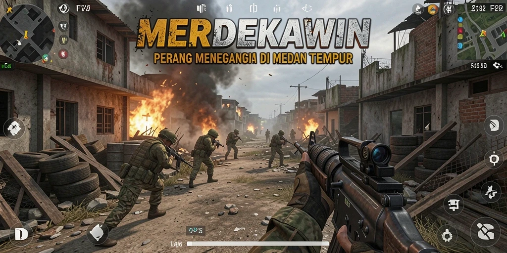 Screenshot gameplay intens di MERDEKAWIN dengan aksi tembak-menembak.