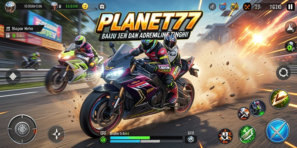 Tampilan gameplay seru dari PLANET77 dengan balapan motor yang mendebarkan.