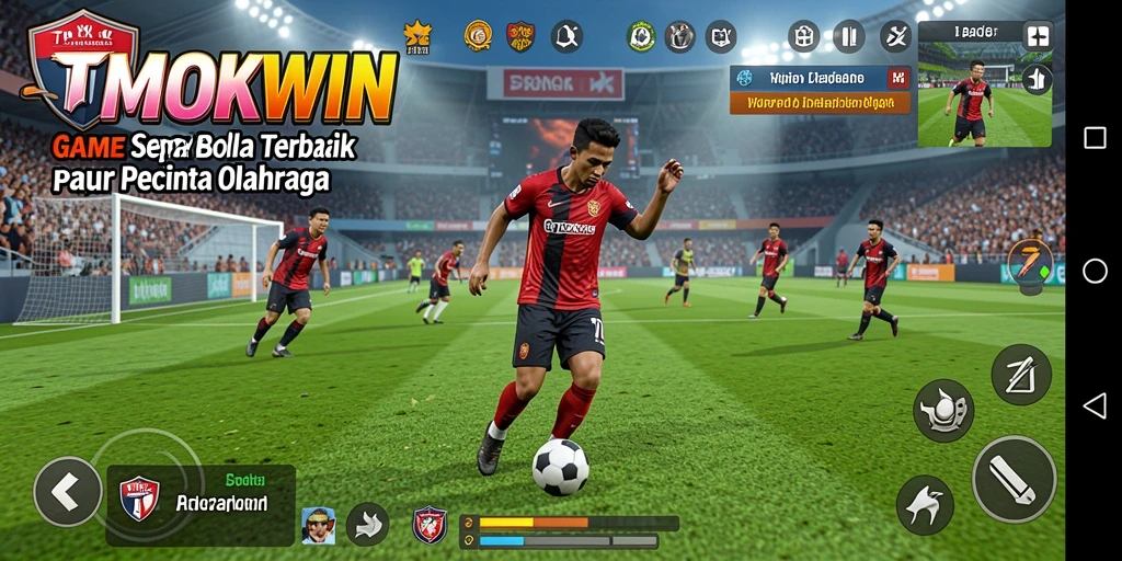Tampilan gameplay TMOKWIN dengan aksi pertandingan sepak bola yang mendebarkan.